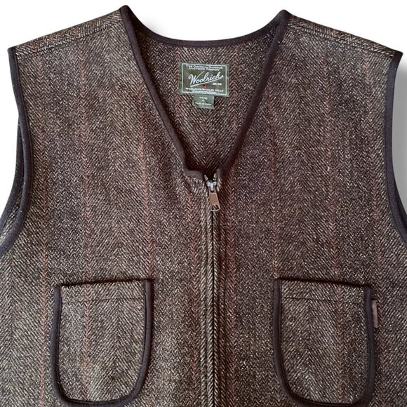 Woolrich Mens Wool Vest Sz XL Brown Herringbone Full Zip Pockets Utlity Workwear - Picture 2 of 4